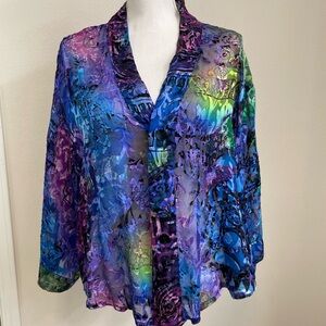 Chico's top size 2/Large Sheer Metallic silk blend blue Purple Green Button boxy
